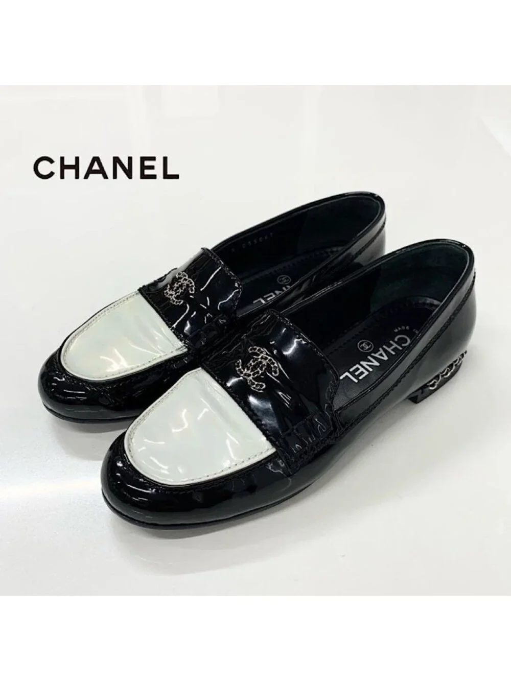 Chanel Patent Coco Mark Chain Loafers Black White